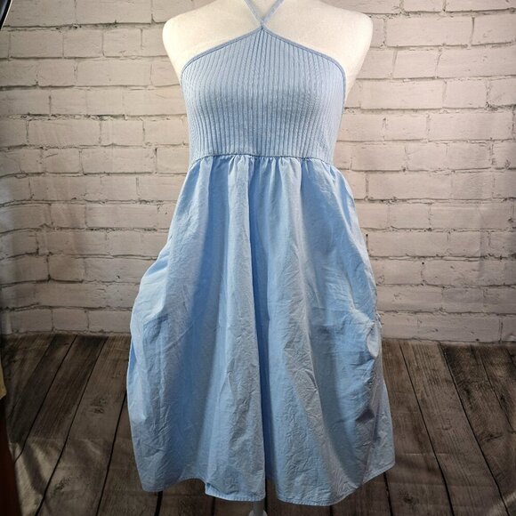 WOMENS ZARA HALTER DRESS BABY BLUE KNIT TOP PUFFED SKIRT SIDE POCKETS SIZE SMALL - Picture 1 of 9